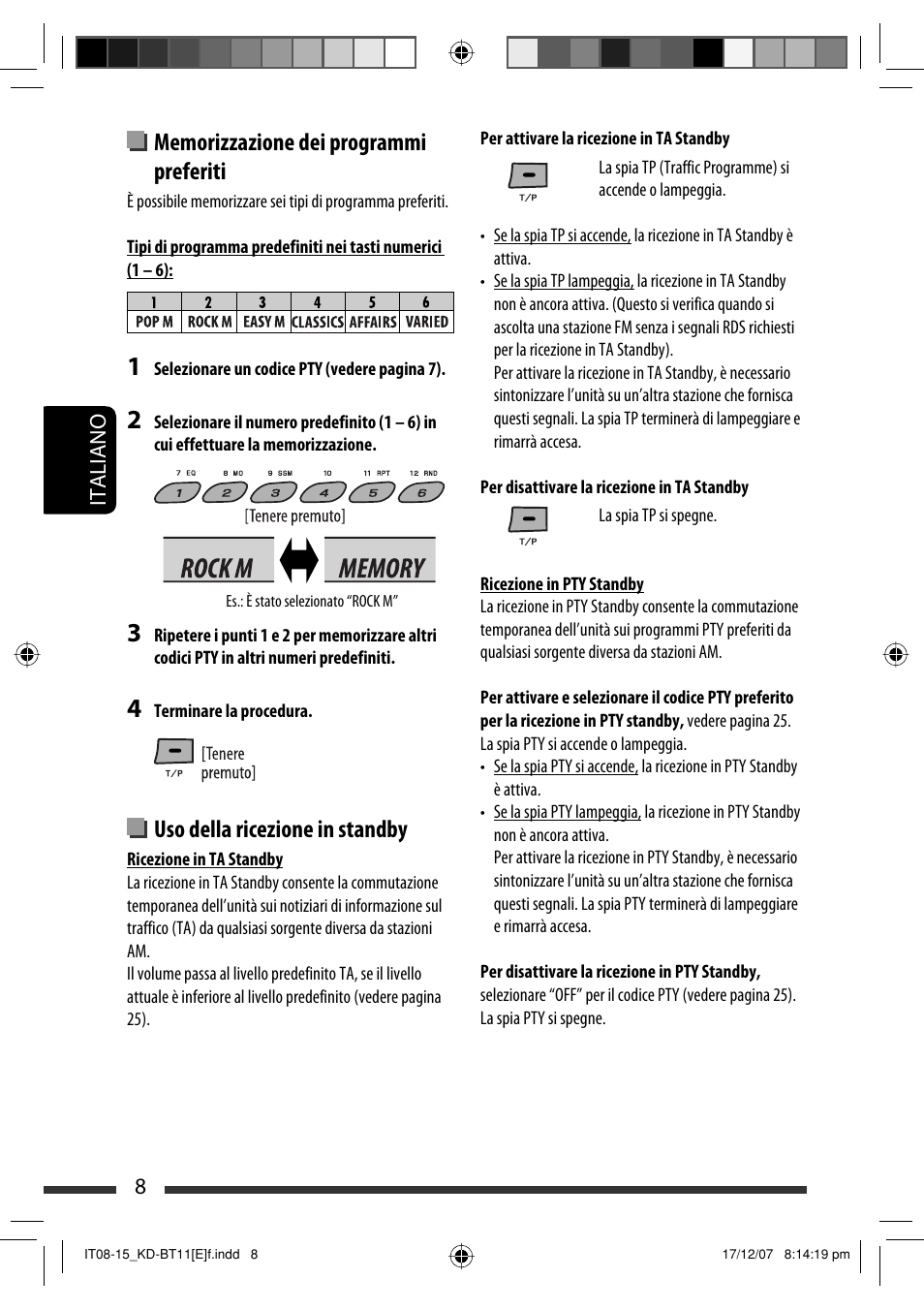 Uso della ricezione in standby | JVC KD-BT11 User Manual | Page 78 / 107
