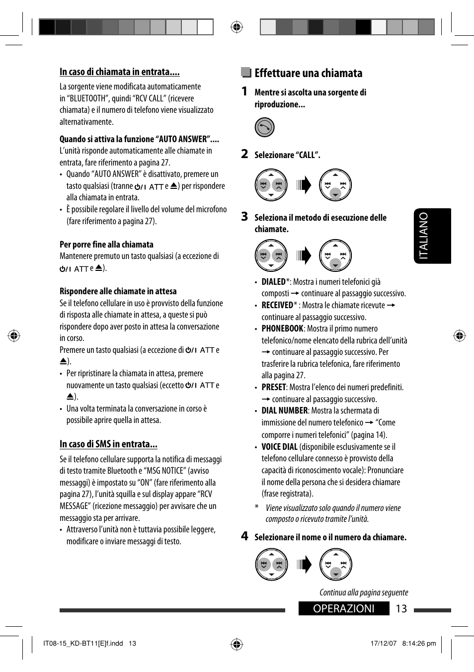 Effettuare una chiamata, 13 operazioni italiano | JVC KD-BT11 User Manual | Page 83 / 107