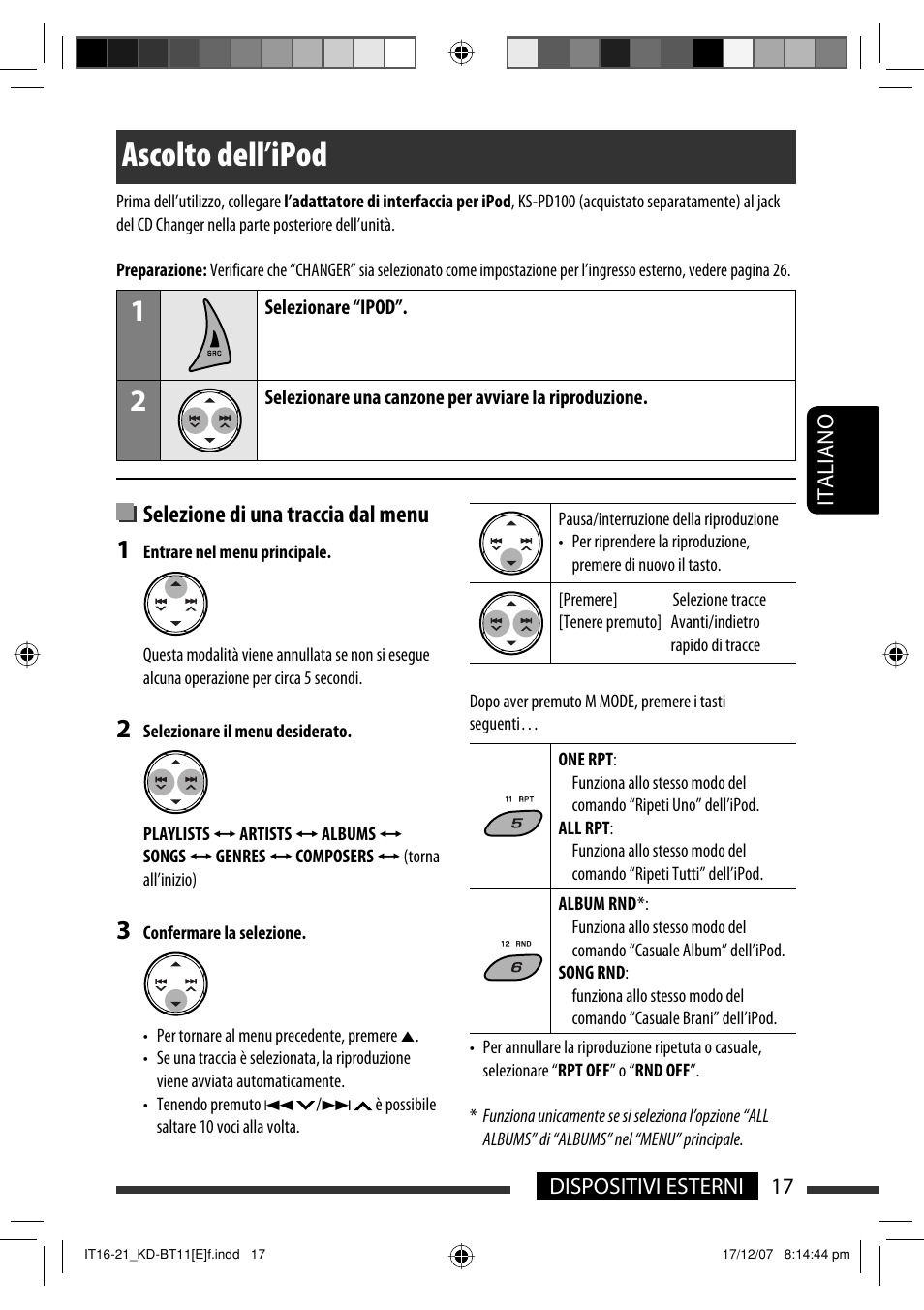 Ascolto dell’ipod, Selezione di una traccia dal menu, 17 dispositivi esterni italiano | JVC KD-BT11 User Manual | Page 87 / 107