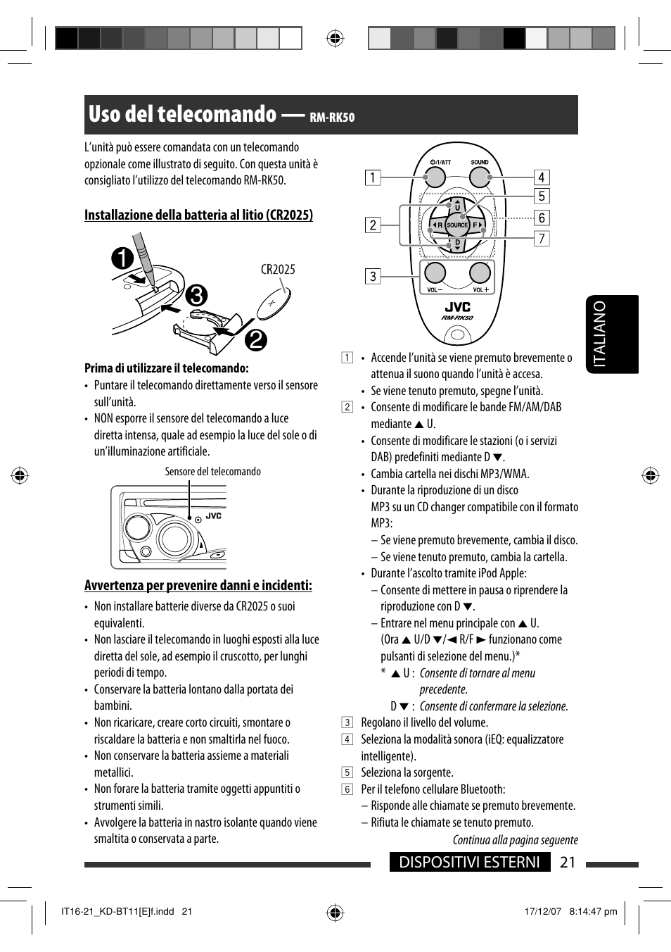 Uso del telecomando, 21 dispositivi esterni italiano | JVC KD-BT11 User Manual | Page 91 / 107