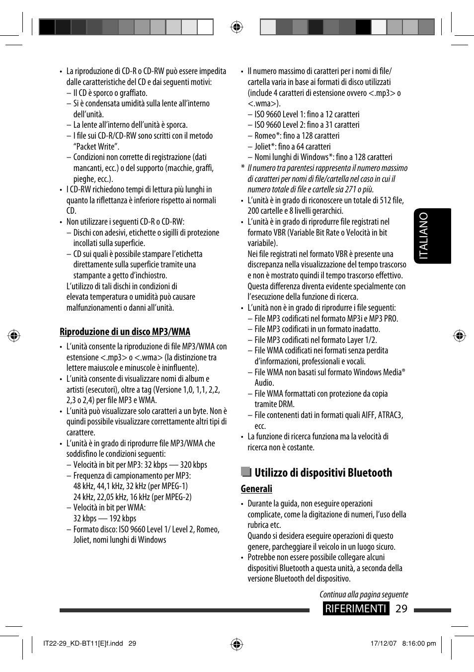 Utilizzo di dispositivi bluetooth, 29 riferimenti italiano | JVC KD-BT11 User Manual | Page 99 / 107