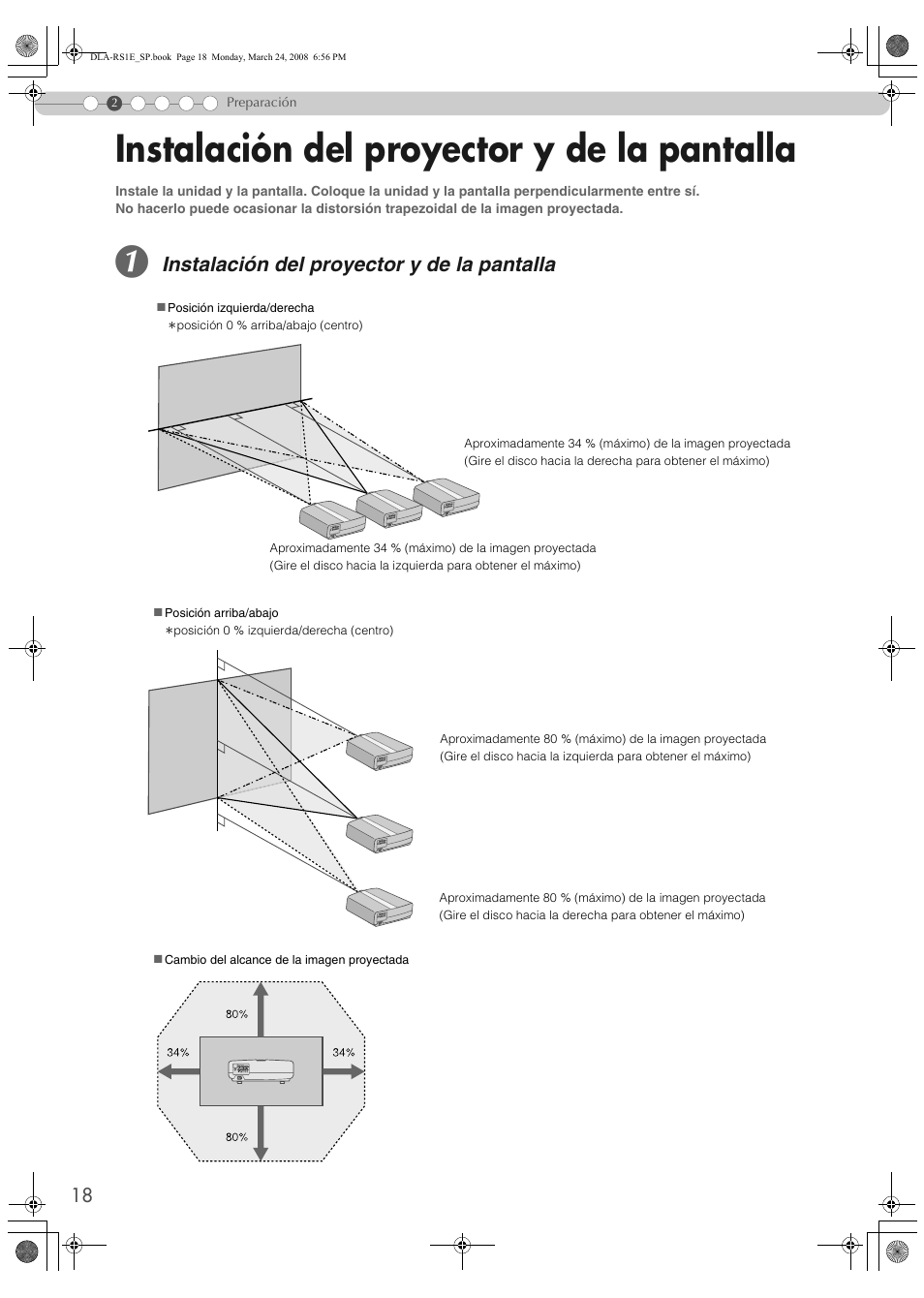 Instalación del proyector y de la pantalla, Lens shift function. (p, P18) | Ainstalling the projector and screenb for, On. (p, Pp18, 34 % horizontalement. (p, Ainstallation du projecteur et de l’écranb, Una lente horizontal de 34 %. (p | JVC LCT2440-001B User Manual | Page 118 / 150