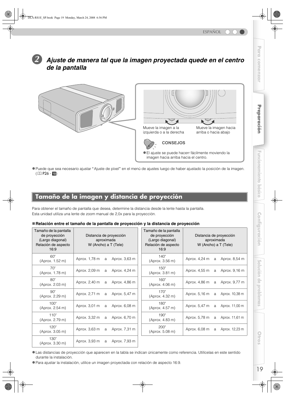 Tamaño de la imagen y distancia de proyección, E (p, P19) | Image (p, En (p | JVC LCT2440-001B User Manual | Page 119 / 150