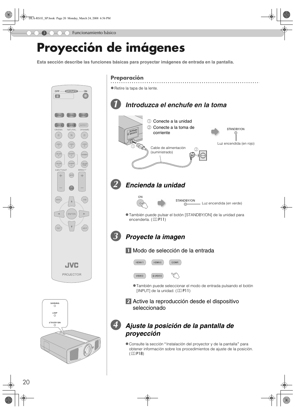 Funcionamiento básico, Proyección de imágenes, Asic operation | 1080 pixels. (p, P20), Pp20, Asic, Operation, Onctionnement, Ncion | JVC LCT2440-001B User Manual | Page 120 / 150