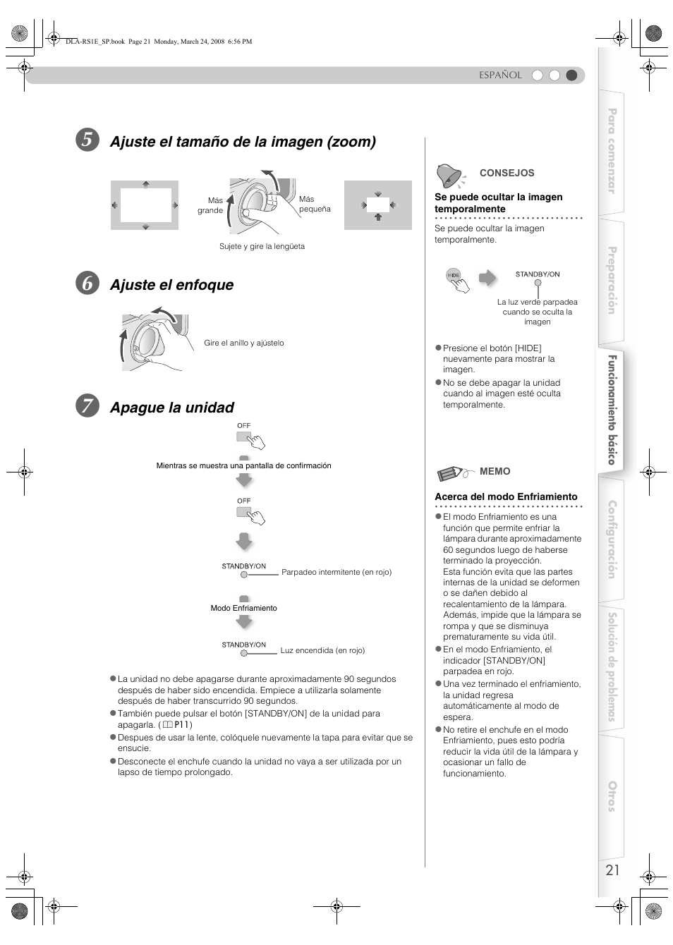 P21), Orarily (p, Mode (p | Pp21, Friamiento (p, Ajuste el tamaño de la imagen (zoom), Ajuste el enfoque, Apague la unidad | JVC LCT2440-001B User Manual | Page 121 / 150