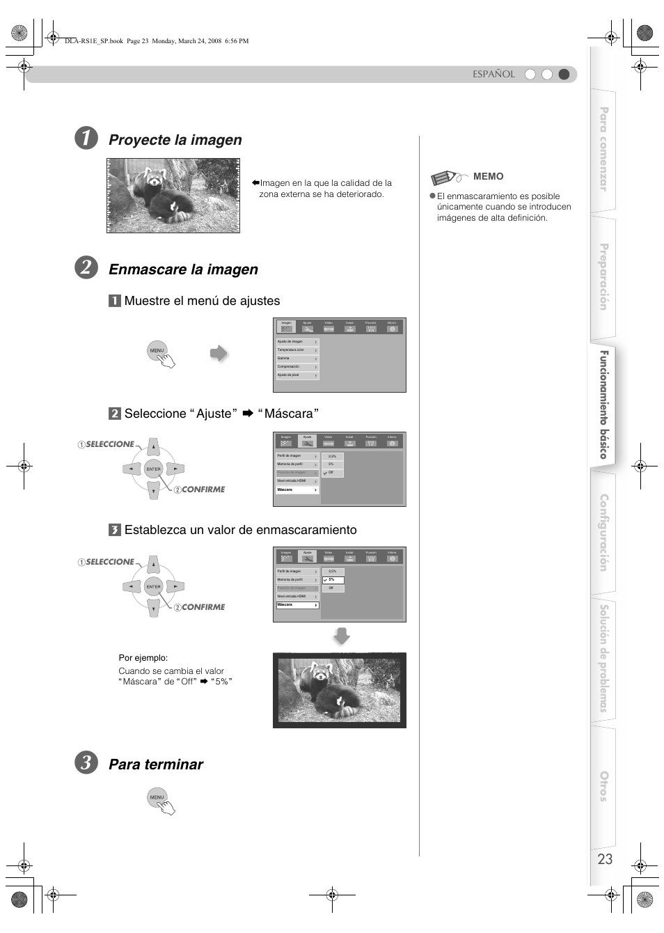 Pp23, Proyecte la imagen, Enmascare la imagen | Para terminar | JVC LCT2440-001B User Manual | Page 123 / 150