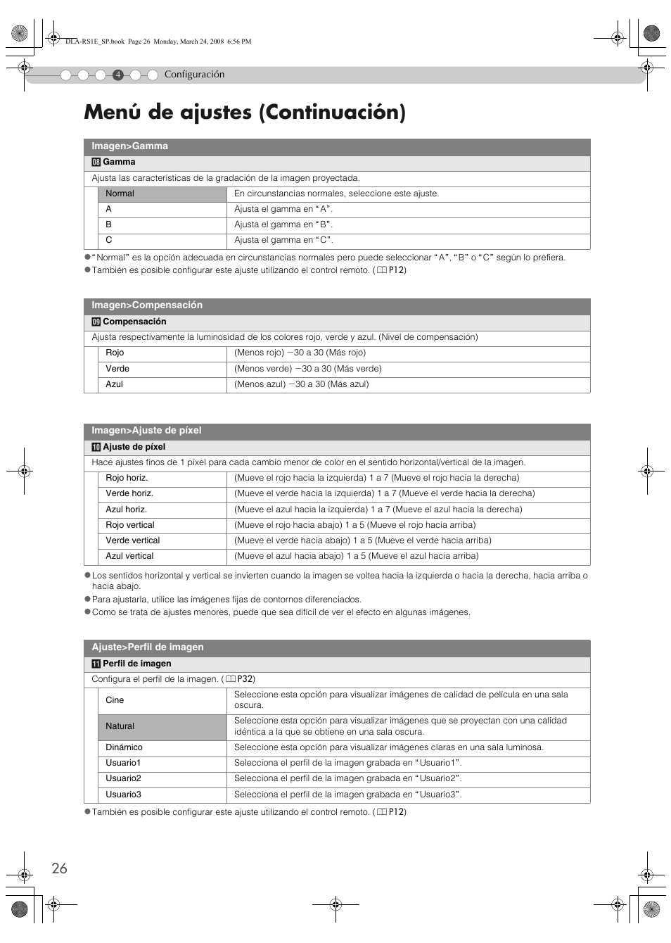 Pp26, Menú de ajustes (continuación) | JVC LCT2440-001B User Manual | Page 126 / 150