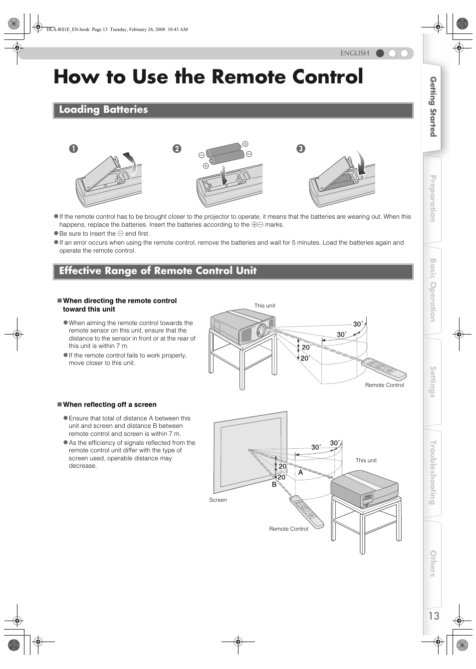 How to use the remote control, Loading batteries, Effective range of remote control unit | Nsor (p, P13) | JVC LCT2440-001B User Manual | Page 13 / 150