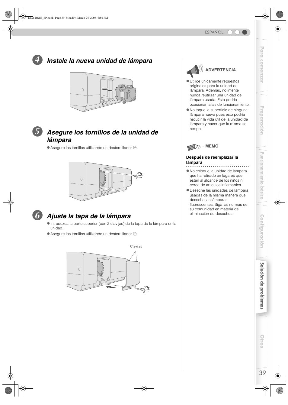 Pp39, Instale la nueva unidad de lámpara, Asegure los tornillos de la unidad de lámpara | Ajuste la tapa de la lámpara | JVC LCT2440-001B User Manual | Page 139 / 150