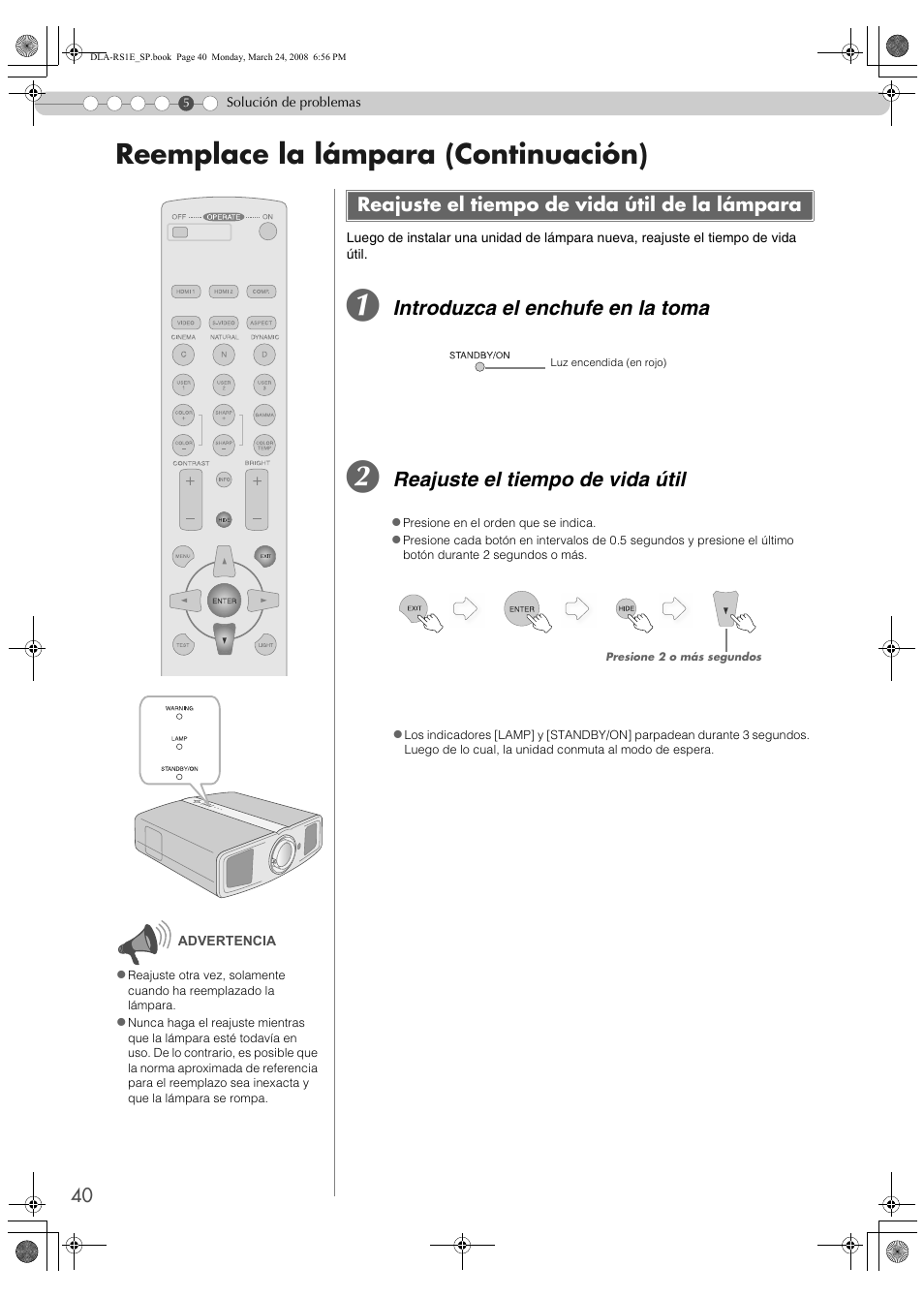 Reajuste el tiempo de vida útil de la lámpara, Reemplace la lámpara (continuación), Introduzca el enchufe en la toma | Reajuste el tiempo de vida útil | JVC LCT2440-001B User Manual | Page 140 / 150