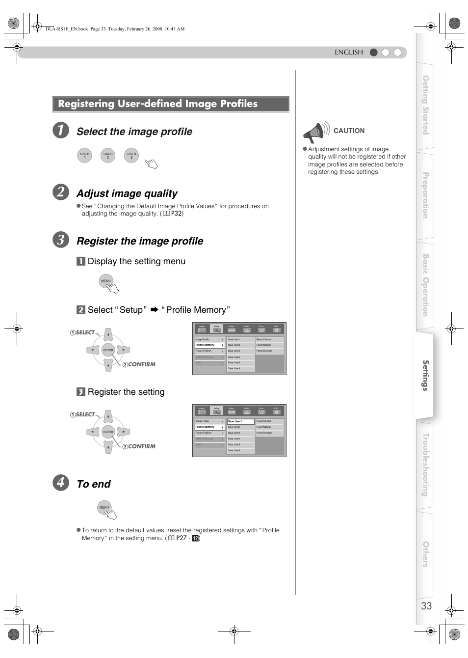 Registering user-defined image profiles, Select the image profile, Adjust image quality | Register the image profile | JVC LCT2440-001B User Manual | Page 33 / 150