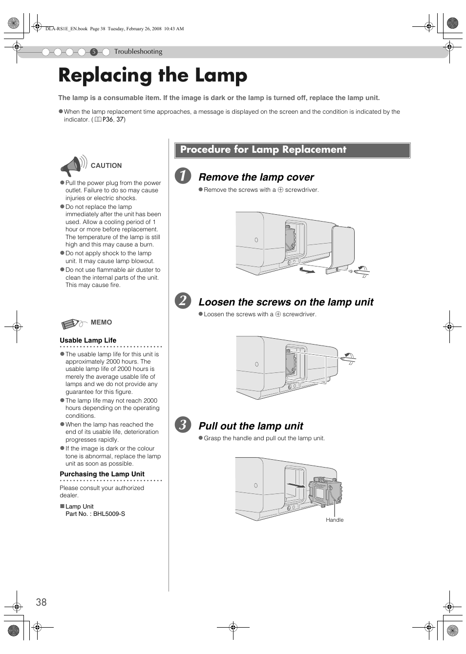 Replacing the lamp, Procedure for lamp replacement, Pp38 | Ar (p, D of life (p, Remove the lamp cover, Loosen the screws on the lamp unit, Pull out the lamp unit | JVC LCT2440-001B User Manual | Page 38 / 150