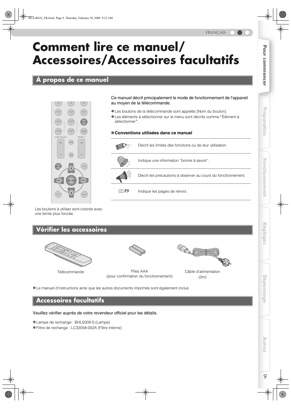 À propos de ce manuel, Vérifier les accessoires, Accessoires facultatifs | Vérifier les accessoires accessoires facultatifs | JVC LCT2440-001B User Manual | Page 59 / 150