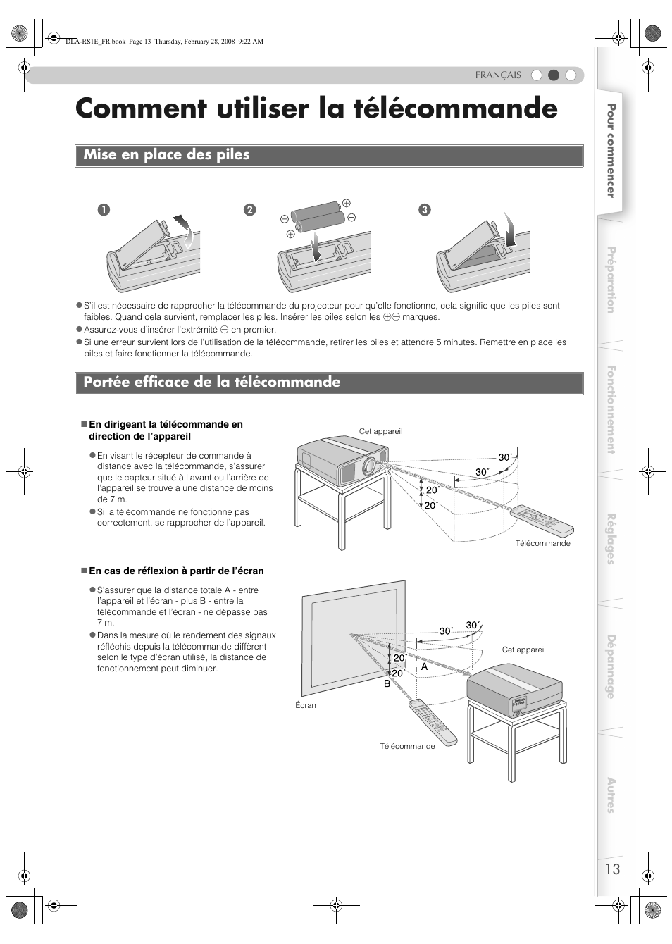 Comment utiliser la télécommande, Mise en place des piles, Portée efficace de la télécommande | Ce (p, P13) | JVC LCT2440-001B User Manual | Page 63 / 150