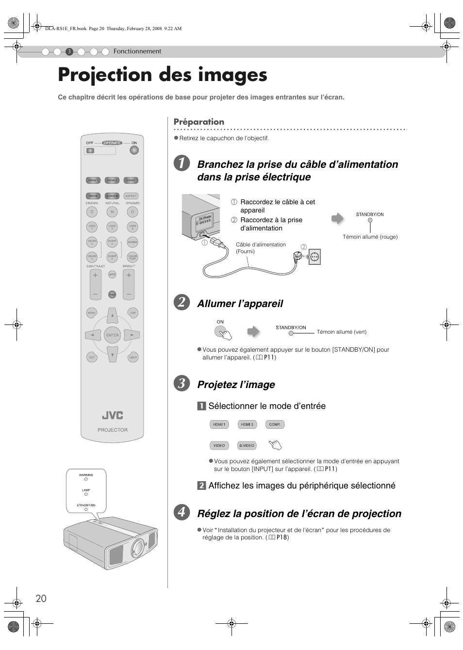 Fonctionnement, Projection des images, Allumer l’appareil | Projetez l’image, Réglez la position de l’écran de projection | JVC LCT2440-001B User Manual | Page 70 / 150