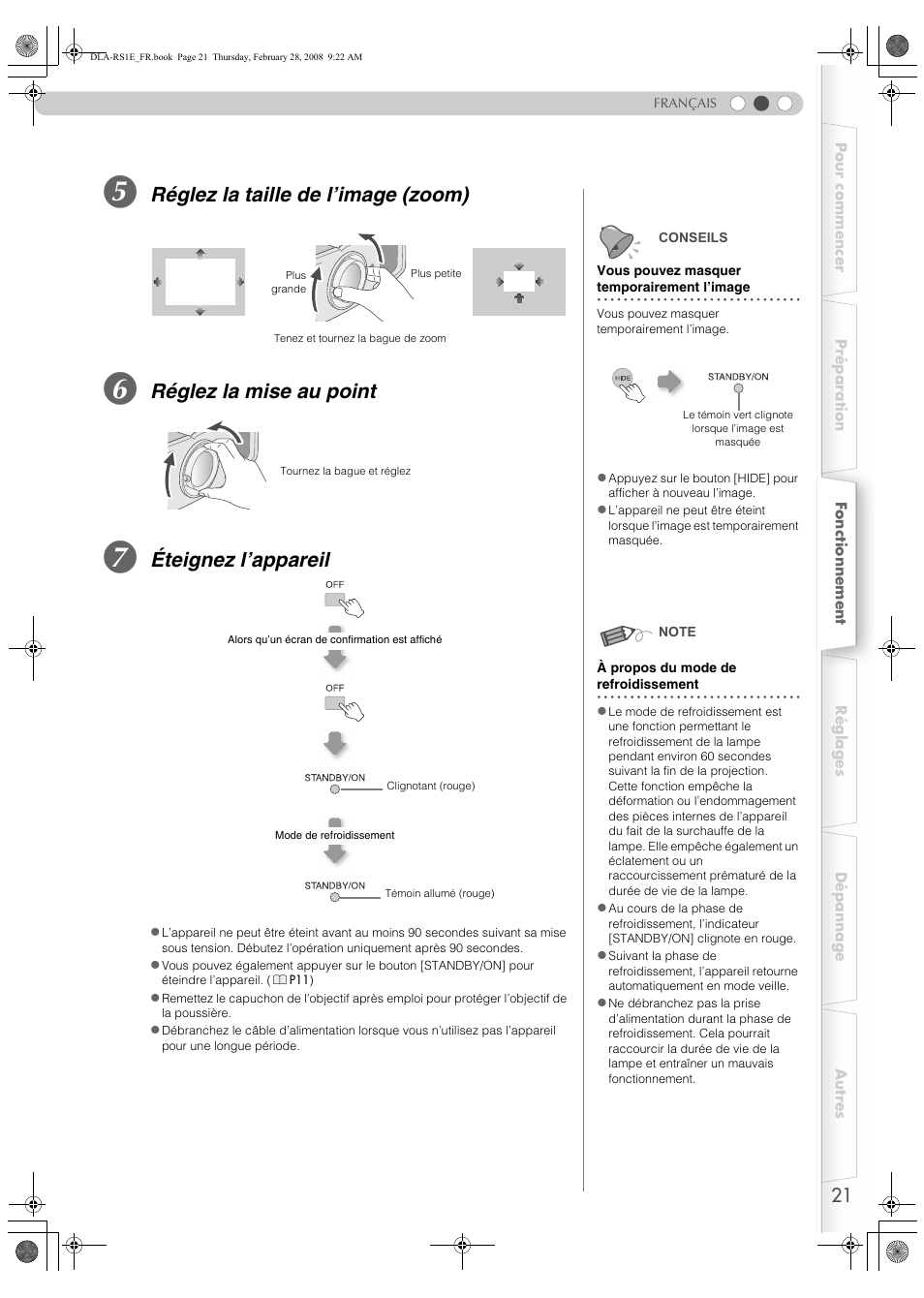 Réglez la taille de l’image (zoom), Réglez la mise au point, Éteignez l’appareil | JVC LCT2440-001B User Manual | Page 71 / 150