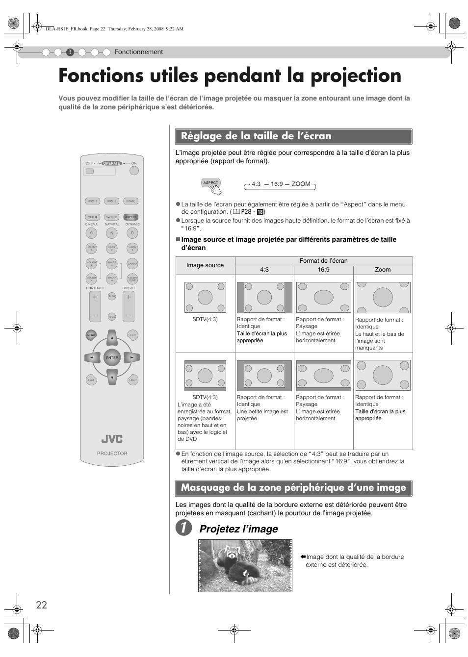 Fonctions utiles pendant la projection, Réglage de la taille de l’écran, Masquage de la zone périphérique d’une image | Projetez l’image | JVC LCT2440-001B User Manual | Page 72 / 150