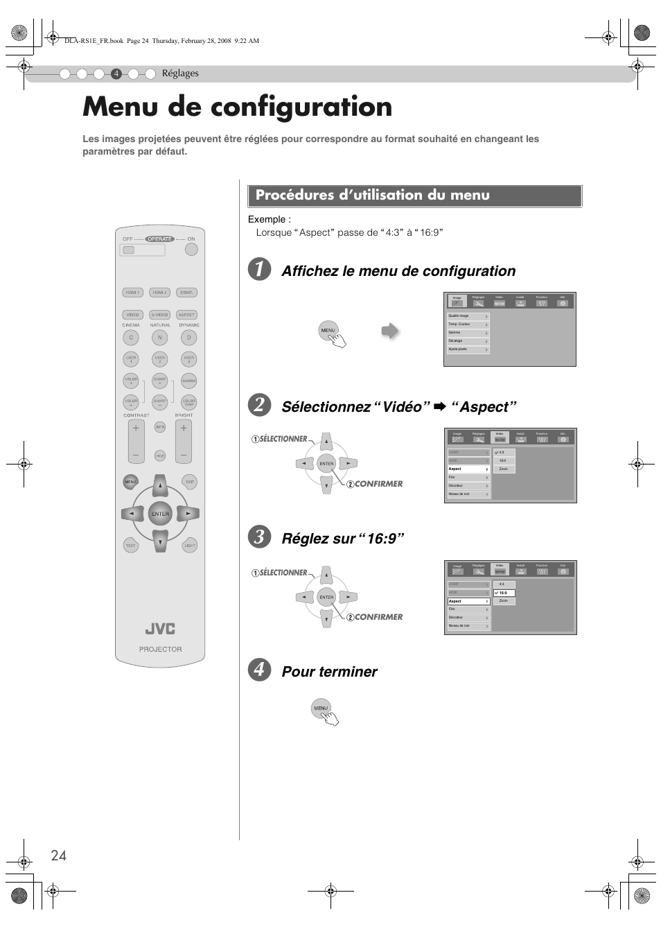 Réglages, Menu de configuration, Procédures d’utilisation du menu | Affichez le menu de configuration, Sélectionnez “vidéo” g “aspect, Réglez sur “16:9, Pour terminer | JVC LCT2440-001B User Manual | Page 74 / 150