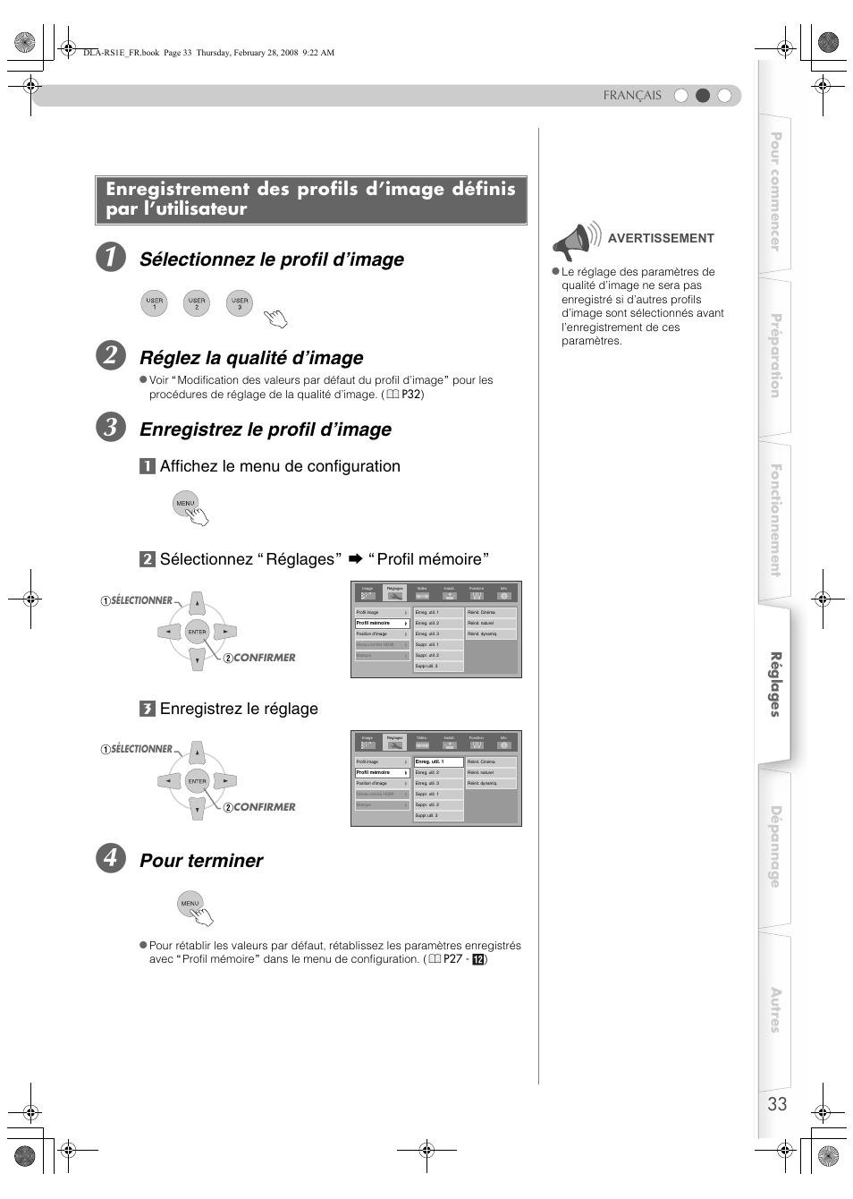 Sélectionnez le profil d’image, Réglez la qualité d’image, Enregistrez le profil d’image | Pour terminer | JVC LCT2440-001B User Manual | Page 83 / 150