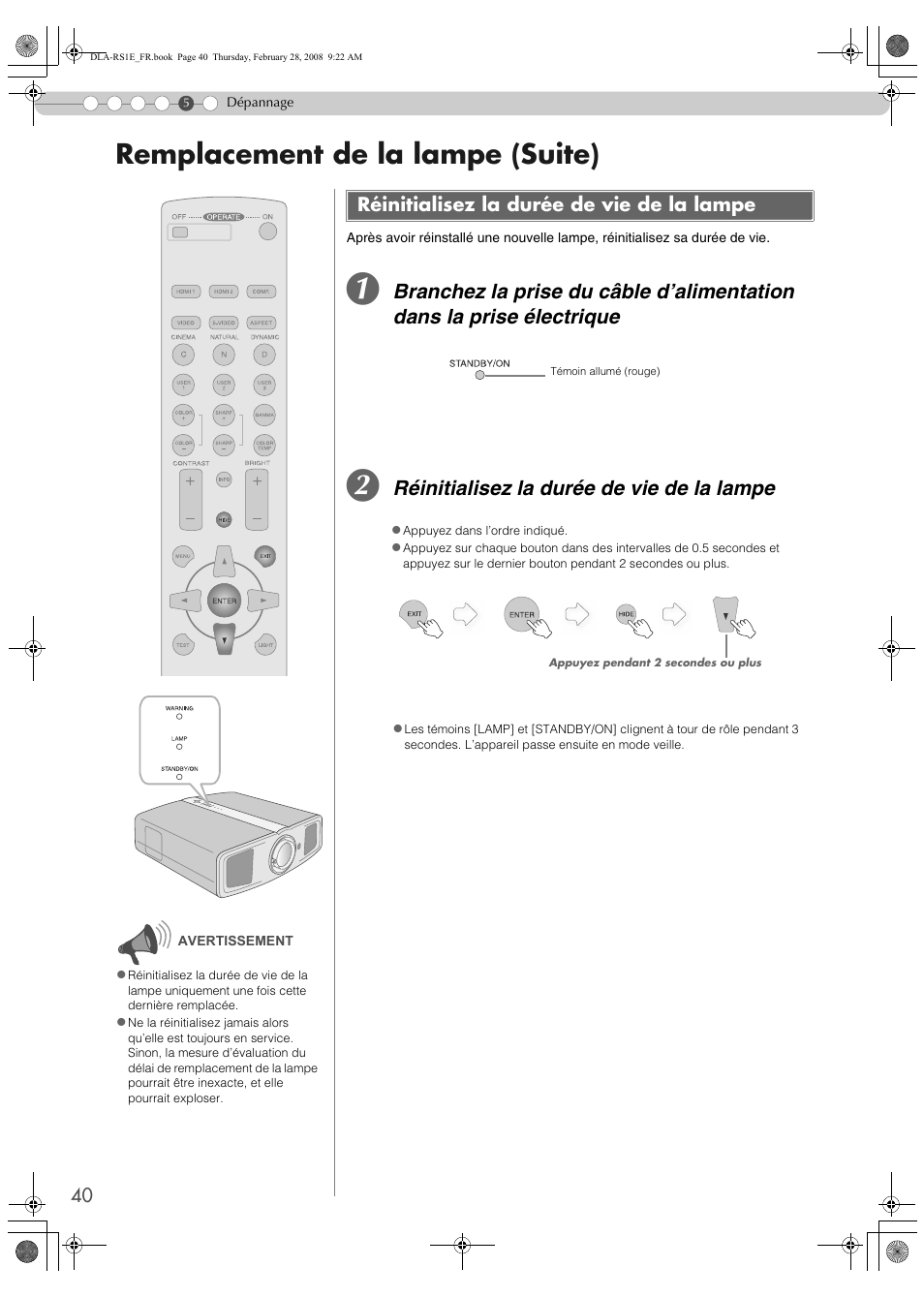 Réinitialisez la durée de vie de la lampe, Remplacement de la lampe (suite) | JVC LCT2440-001B User Manual | Page 90 / 150