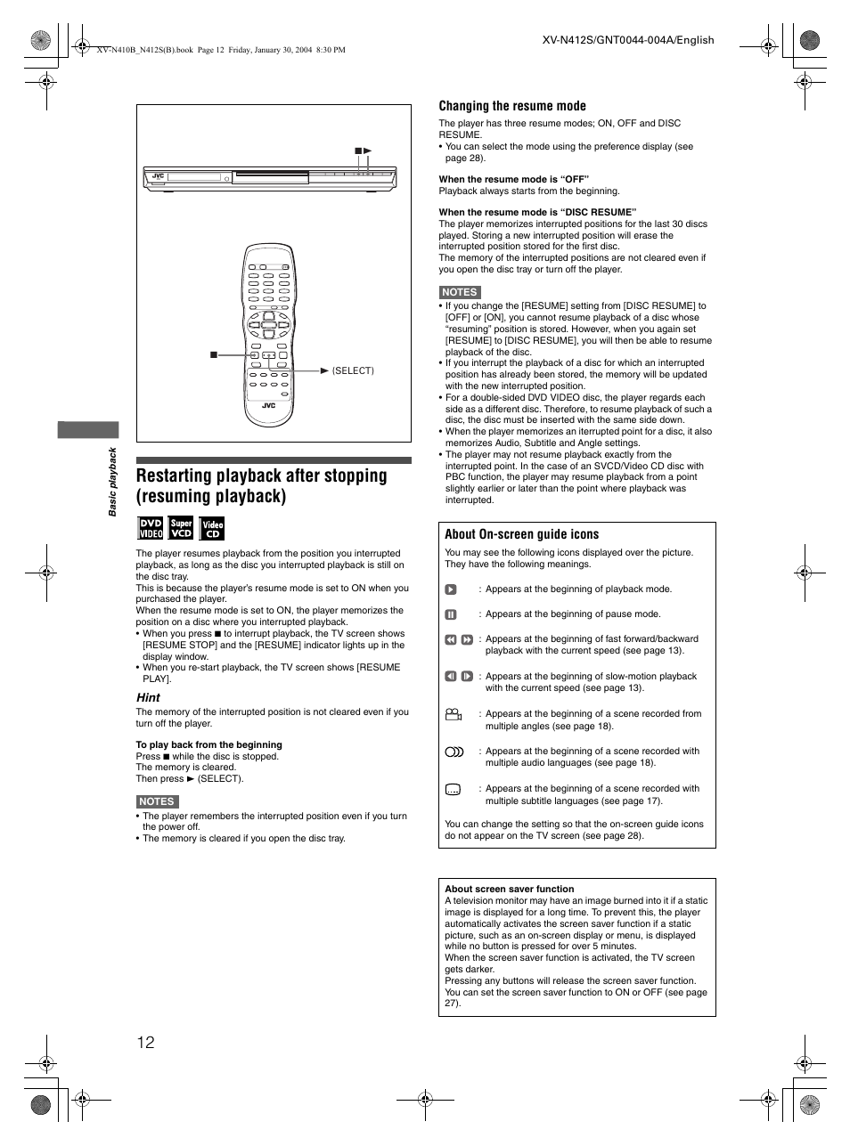 Changing the resume mode, About on-screen guide icons | JVC 0204KTYBICJSC User Manual | Page 14 / 38