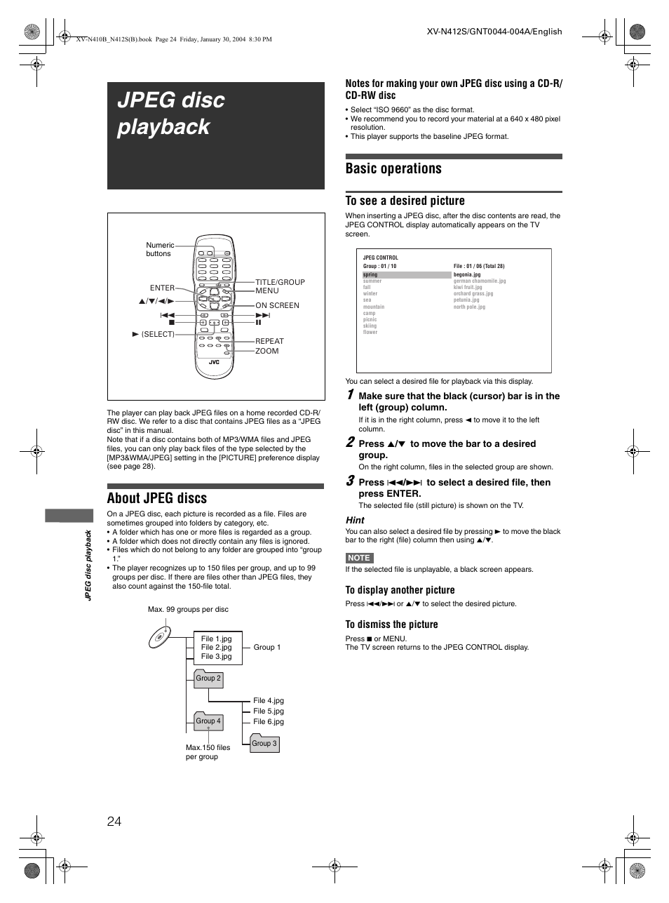 Jpeg disc playback, About jpeg discs, Basic operations | JVC 0204KTYBICJSC User Manual | Page 26 / 38