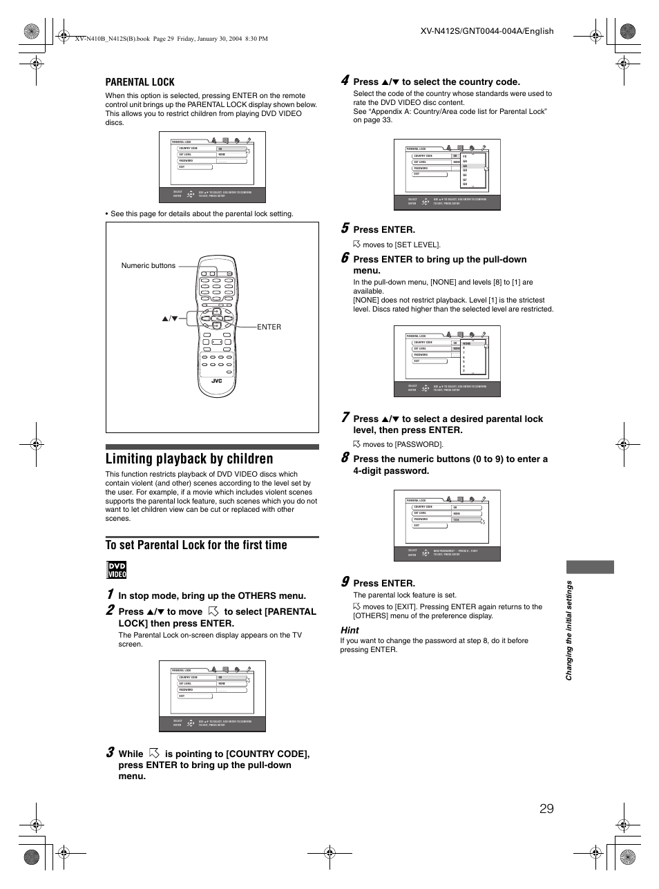 Limiting playback by children, Parental lock, Press 5 / ∞ to select the country code | Press enter, Press enter to bring up the pull-down menu, Hint | JVC 0204KTYBICJSC User Manual | Page 31 / 38