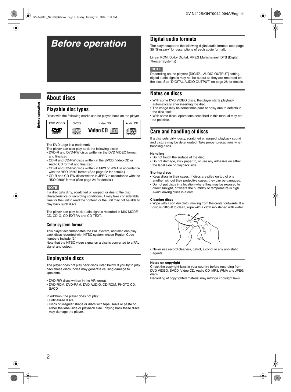 Before operation, About discs, Playable disc types | Unplayable discs, Digital audio formats, Care and handling of discs | JVC 0204KTYBICJSC User Manual | Page 4 / 38