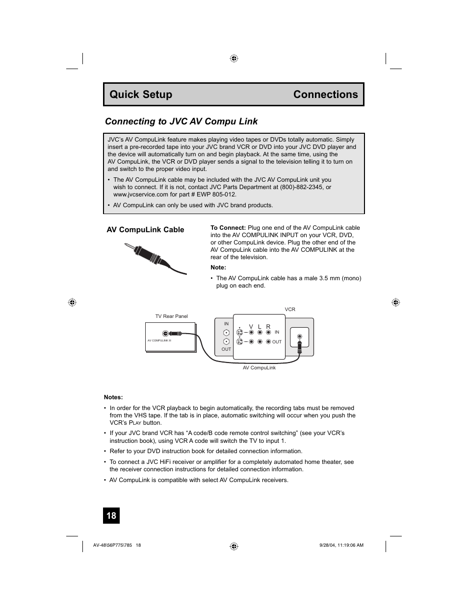 Quick setup connections, Connecting to jvc av compu link | JVC AV-56P785 User Manual | Page 18 / 88