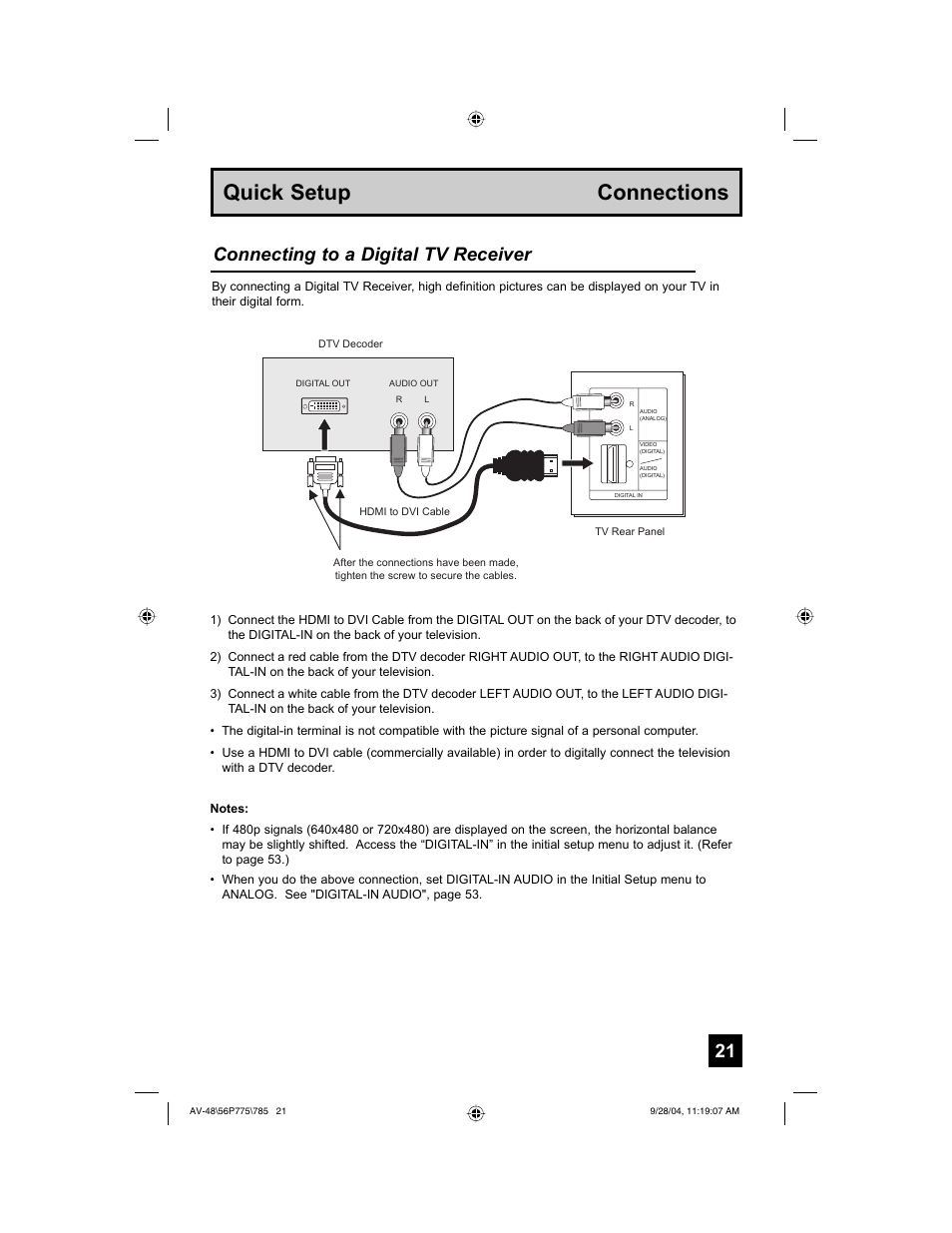 Quick setup connections, Connecting to a digital tv receiver | JVC AV-56P785 User Manual | Page 21 / 88