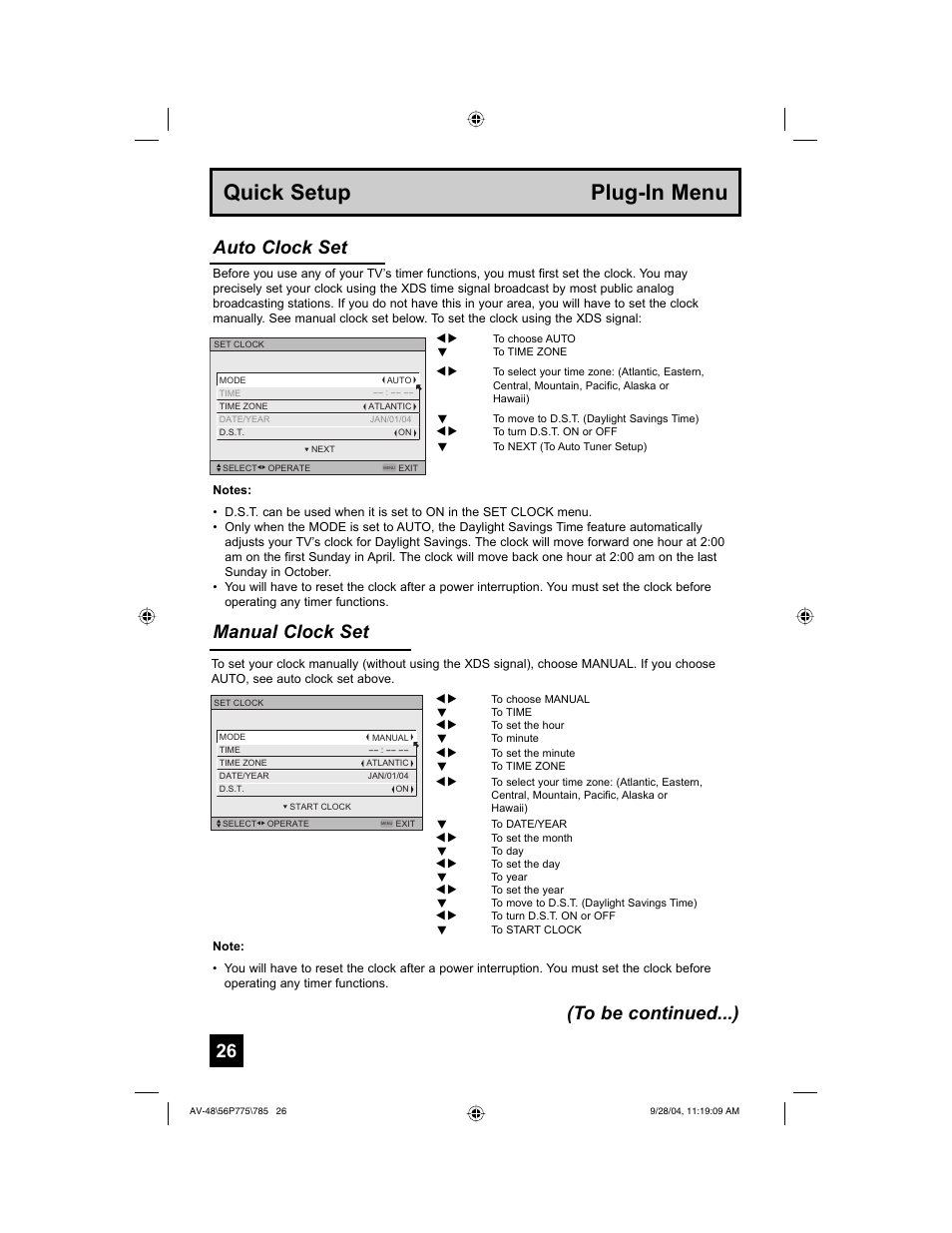 Quick setup plug-in menu, Manual clock set, Auto clock set (to be continued...) | JVC AV-56P785 User Manual | Page 26 / 88