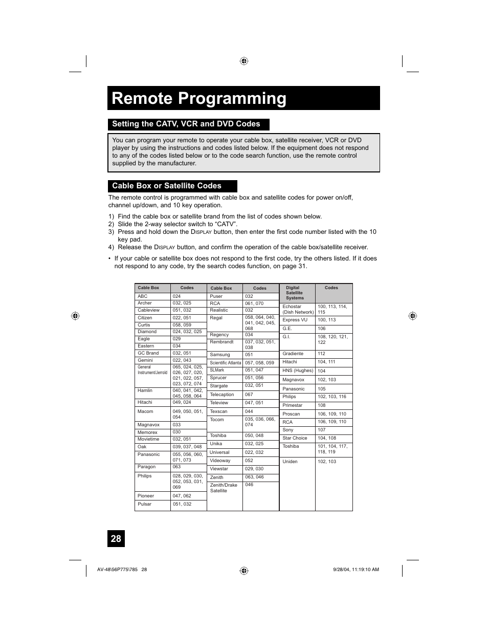 Remote programming | JVC AV-56P785 User Manual | Page 28 / 88