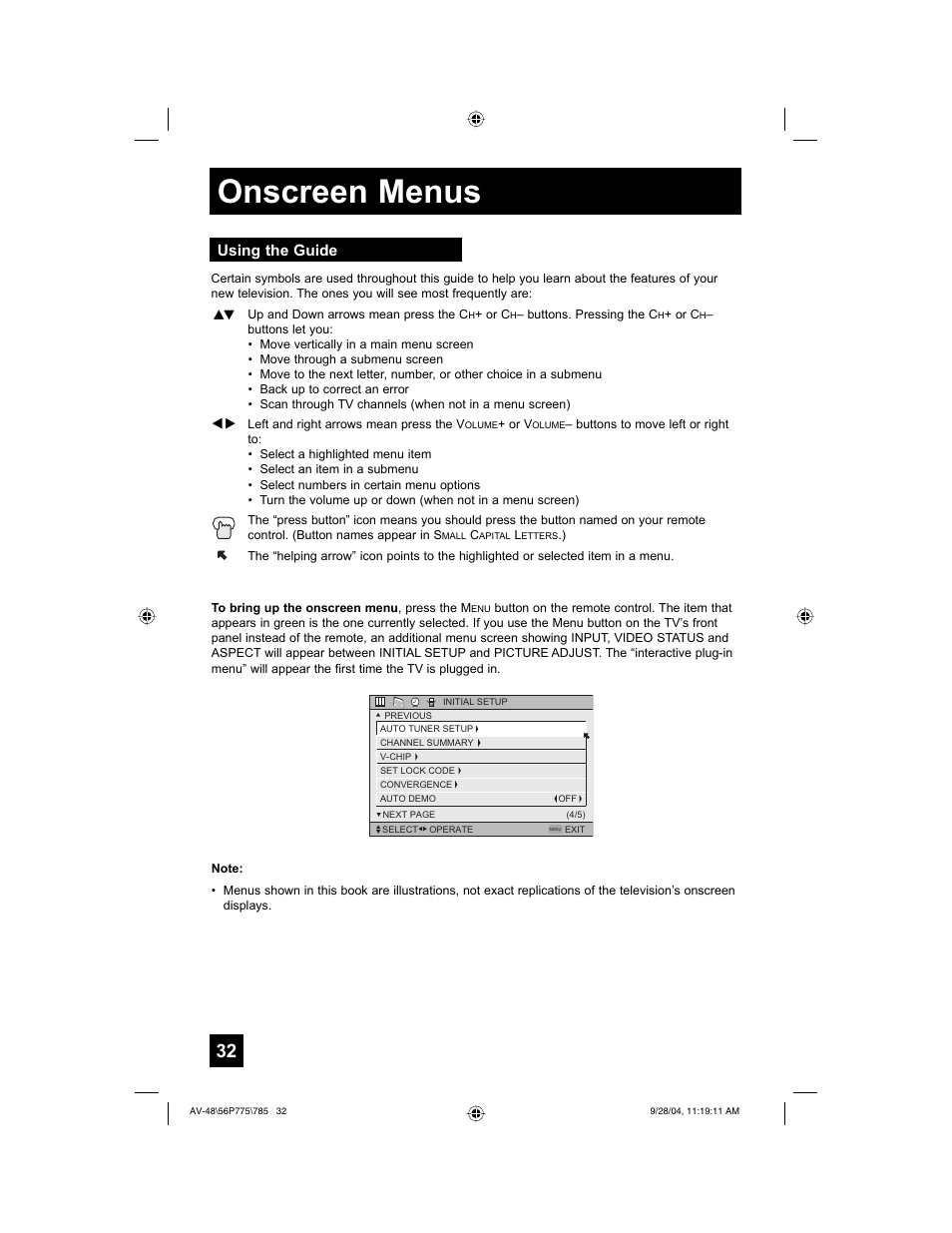 Onscreen menus, Using the guide | JVC AV-56P785 User Manual | Page 32 / 88