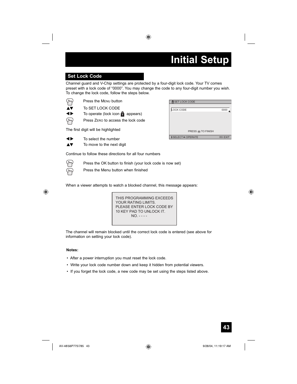 Initial setup | JVC AV-56P785 User Manual | Page 43 / 88