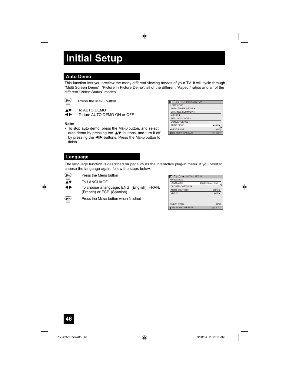 Initial setup, Language auto demo | JVC AV-56P785 User Manual | Page 46 / 88