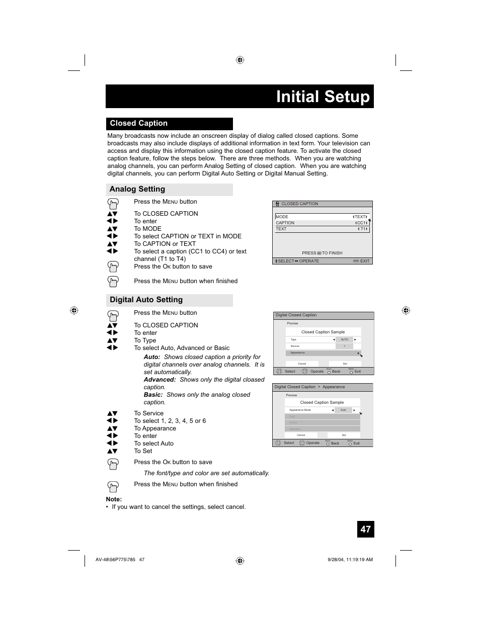 Initial setup, Closed caption analog setting digital auto setting | JVC AV-56P785 User Manual | Page 47 / 88