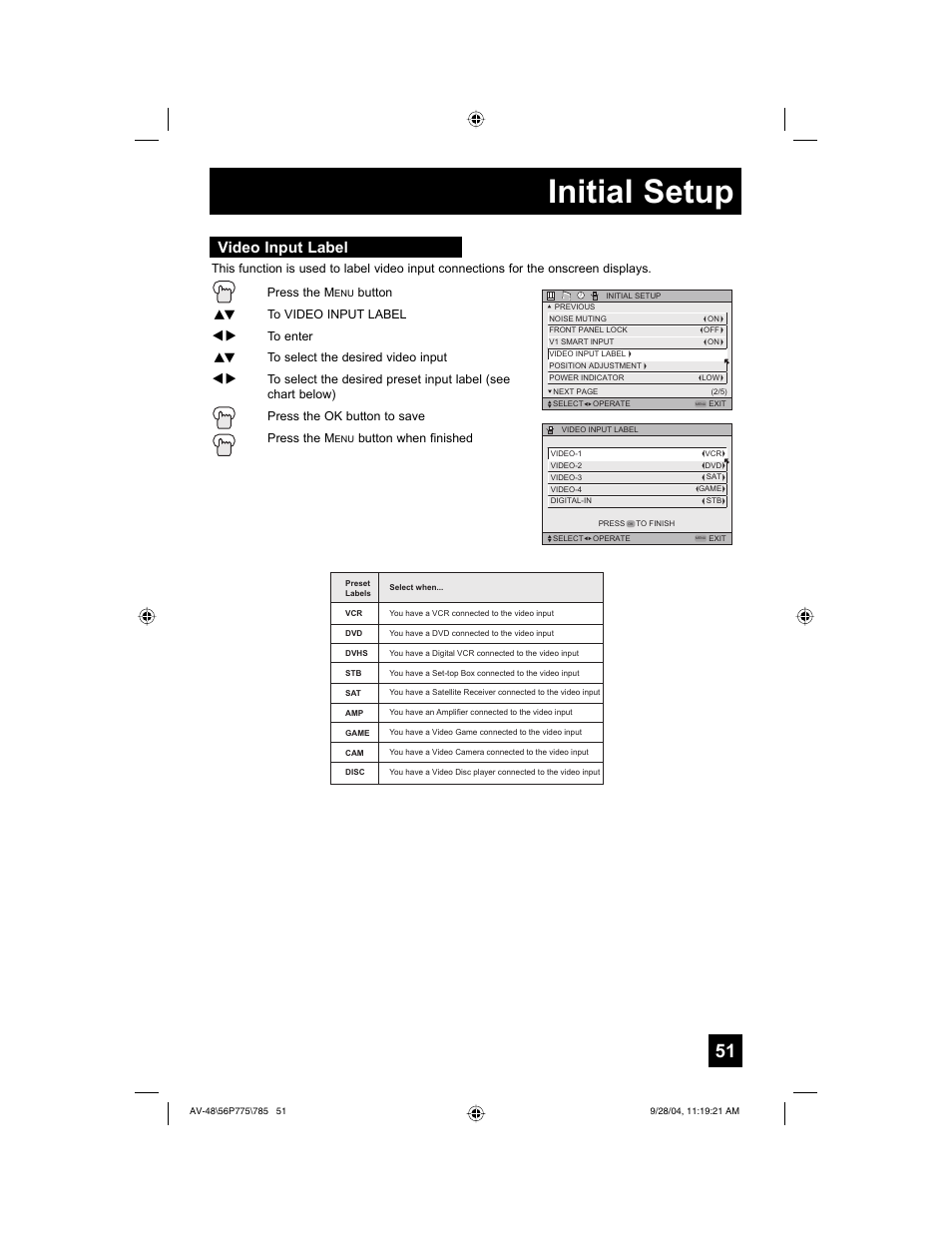 Initial setup, Video input label | JVC AV-56P785 User Manual | Page 51 / 88