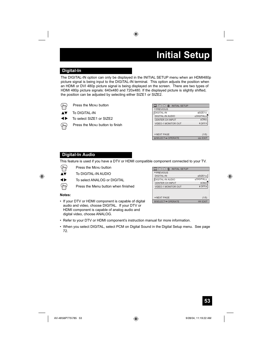 Initial setup, Digital-in, Digital-in audio | JVC AV-56P785 User Manual | Page 53 / 88