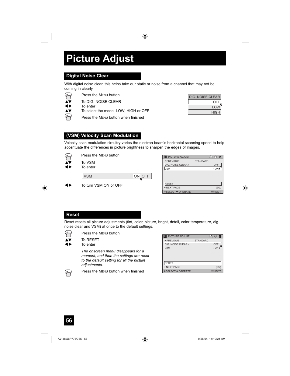 Picture adjust, Vsm) velocity scan modulation, Digital noise clear | Reset | JVC AV-56P785 User Manual | Page 56 / 88