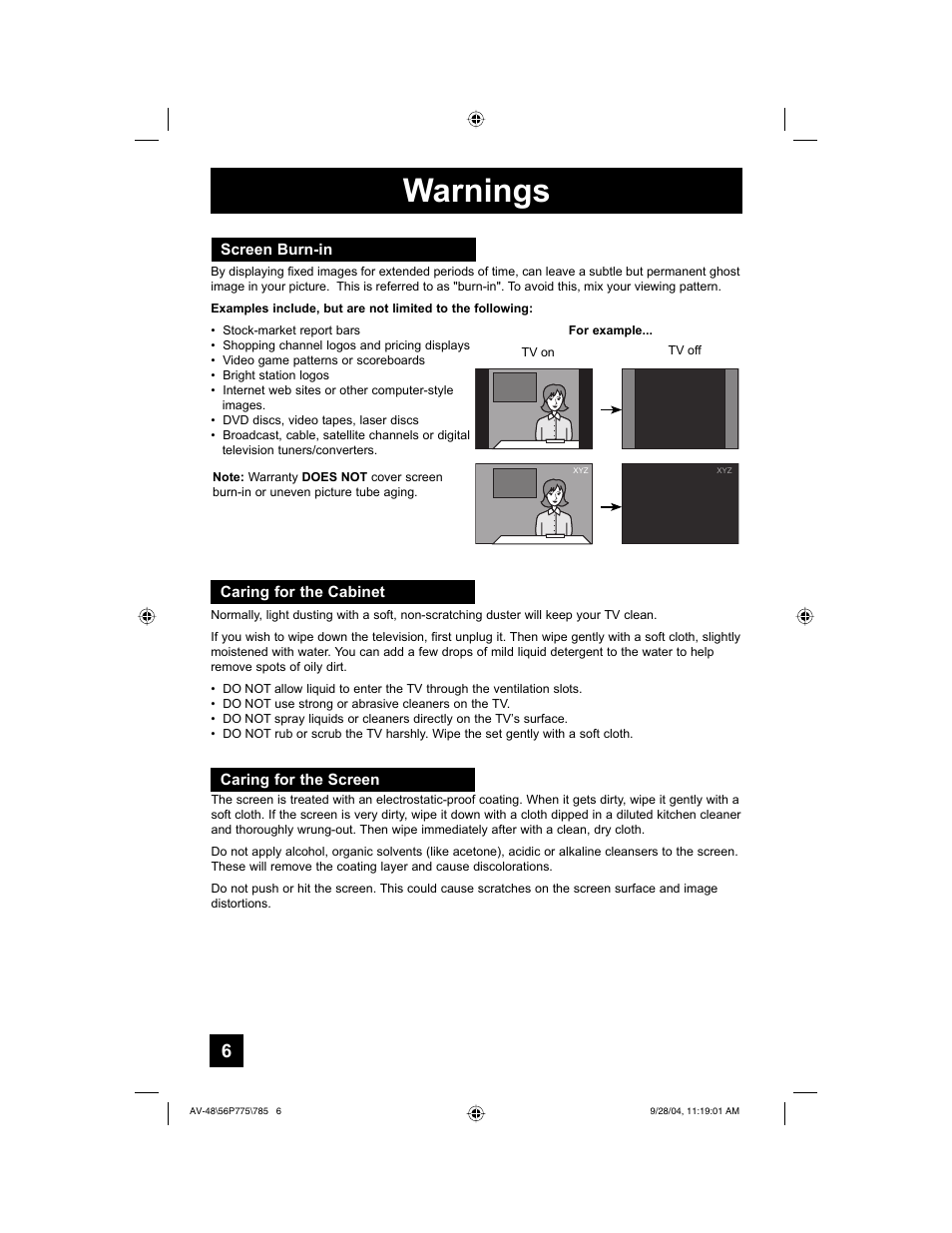 Warnings | JVC AV-56P785 User Manual | Page 6 / 88