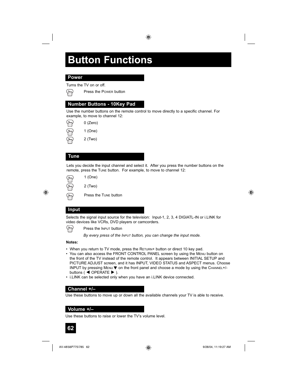 Button functions | JVC AV-56P785 User Manual | Page 62 / 88