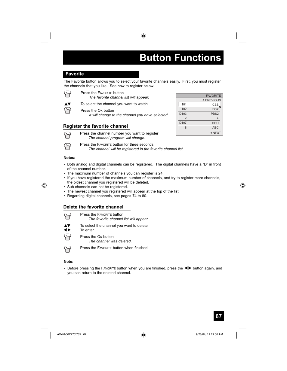 Button functions | JVC AV-56P785 User Manual | Page 67 / 88