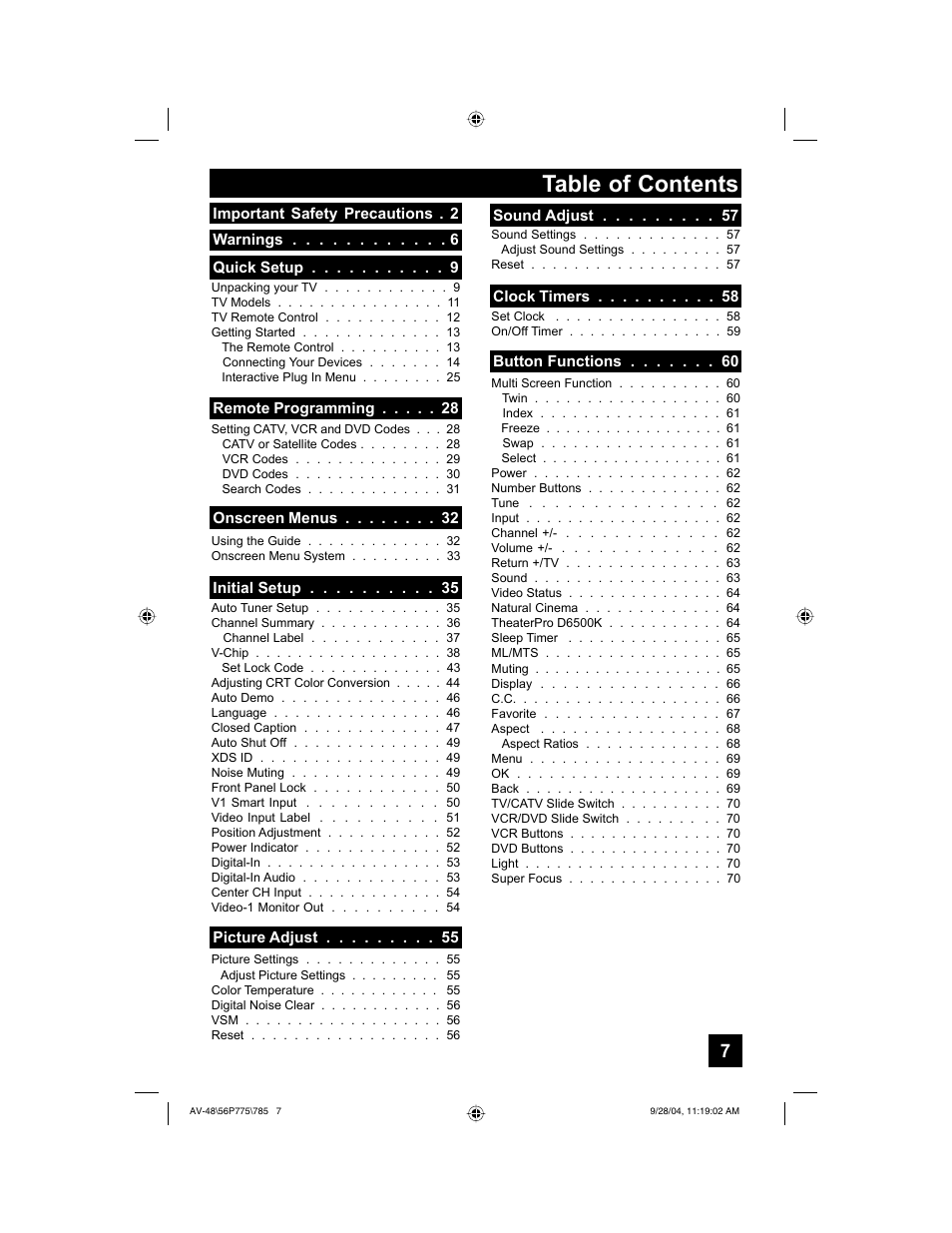 JVC AV-56P785 User Manual | Page 7 / 88