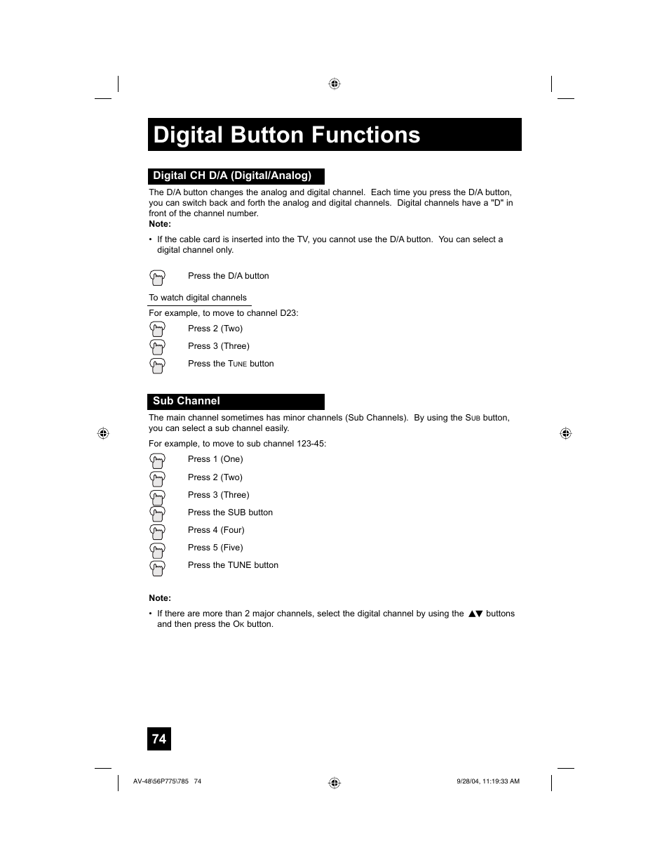 Digital button functions | JVC AV-56P785 User Manual | Page 74 / 88