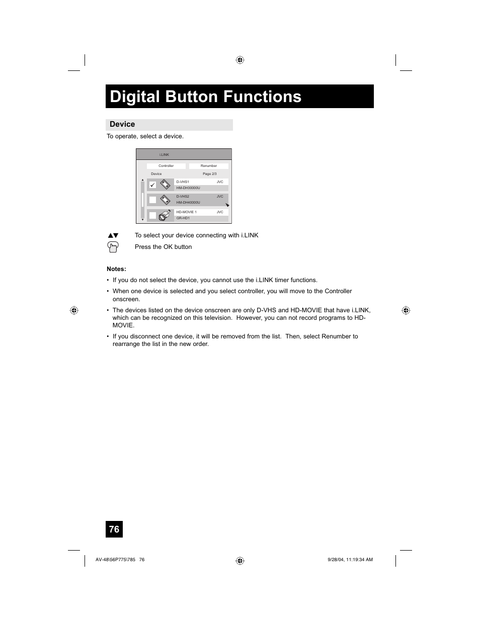 Digital button functions, Device | JVC AV-56P785 User Manual | Page 76 / 88