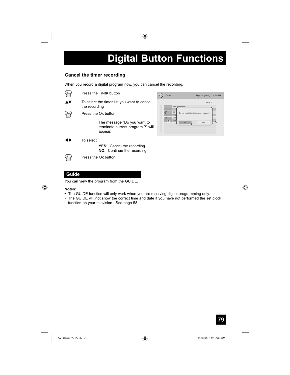 Digital button functions, Guide, Cancel the timer recording | JVC AV-56P785 User Manual | Page 79 / 88