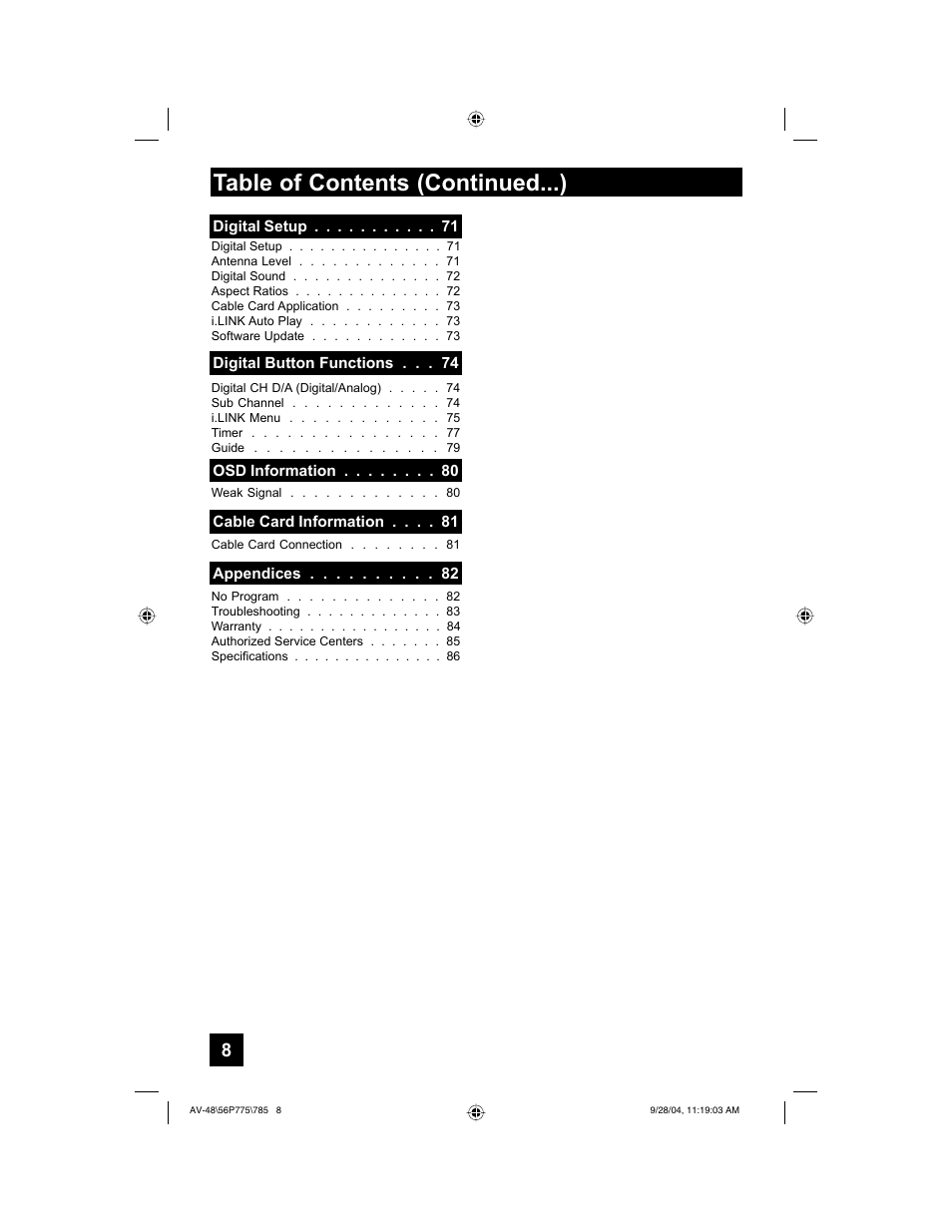 Table of contents (continued...) | JVC AV-56P785 User Manual | Page 8 / 88