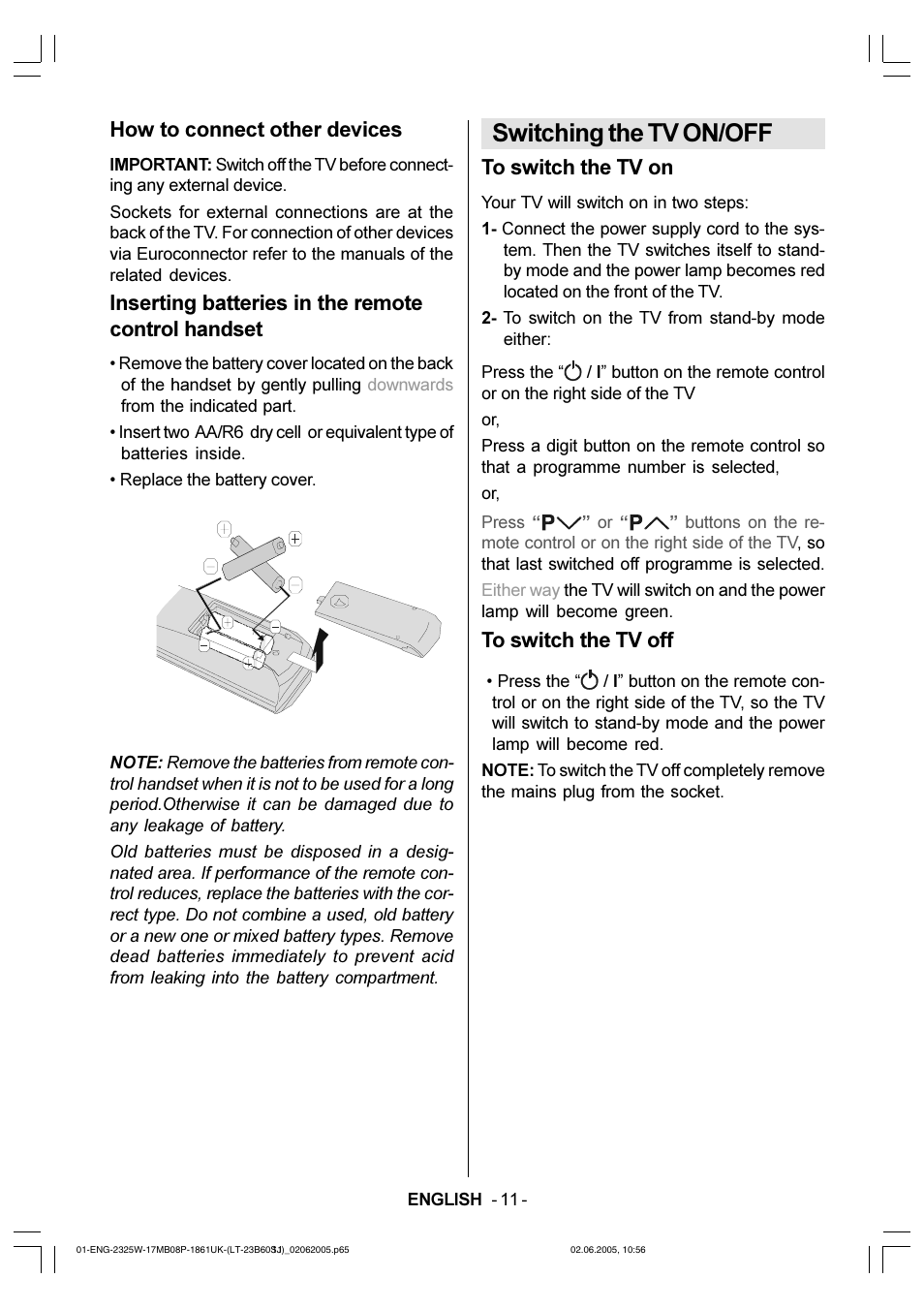 Switching the tv on/off, How to connect other devices, Inserting batteries in the remote control handset | JVC Wide LCD Panel TV LT-23B60SJ User Manual | Page 12 / 34