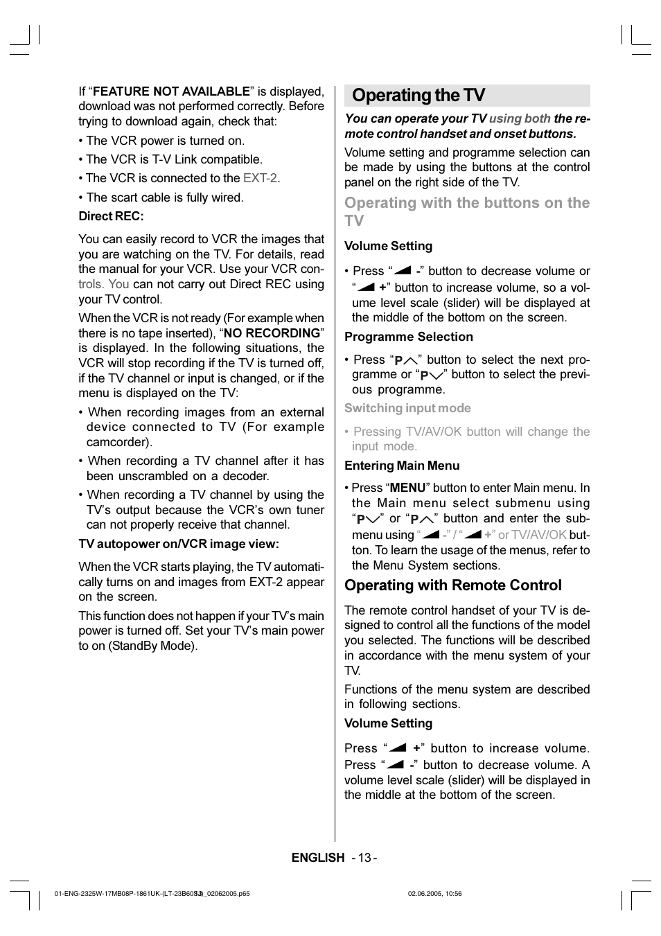 Operating the tv, Operating with the buttons on the tv, Operating with remote control | JVC Wide LCD Panel TV LT-23B60SJ User Manual | Page 14 / 34