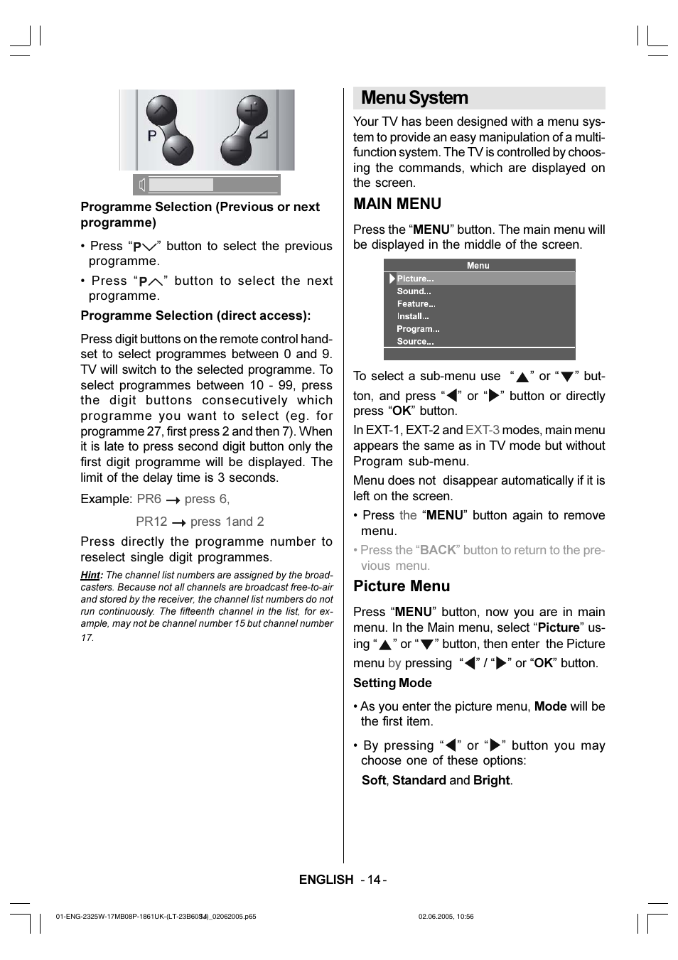 Menu system, Main menu, Picture menu | JVC Wide LCD Panel TV LT-23B60SJ User Manual | Page 15 / 34
